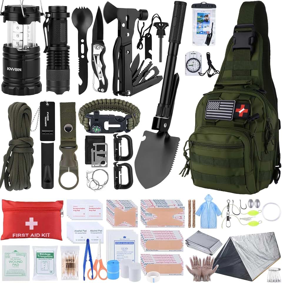Survival Kit, 250pcs Survival Tools Tactical Gear and Trauma Bag, Survival First Aid Kit with Molle Crossbody Bag &amp; Emergency Tent for Earthquake, Bug Out, Outdoor Adventure, Gifts for Christmas Men