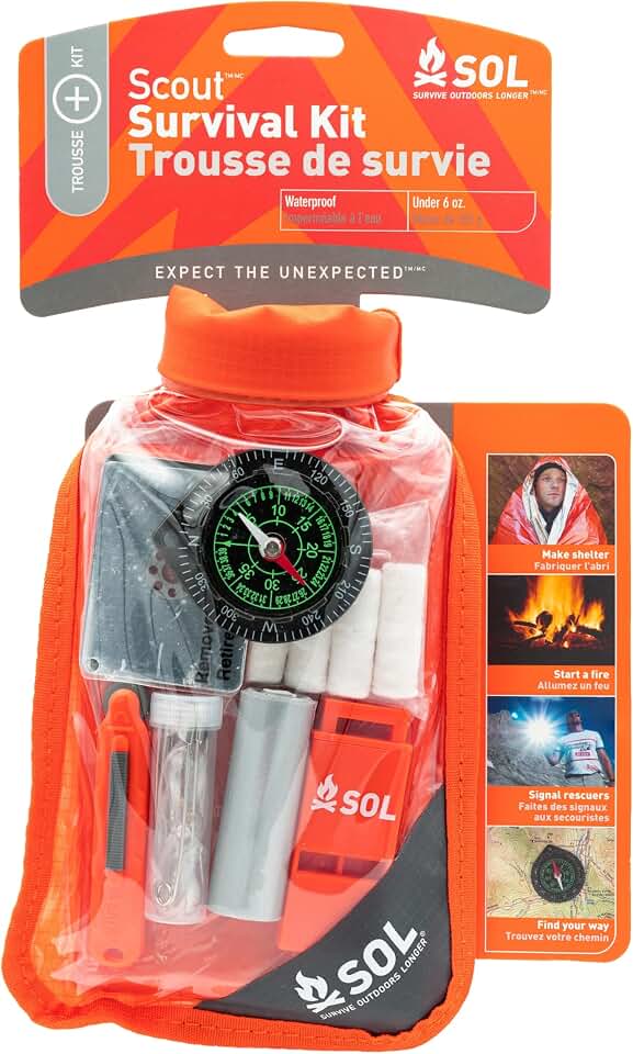 SOL Waterproof Bag Scout Survival Kit, All in One | Includes a 90% Heat-Reflective Blanket, Fishing &amp; Sewing Kit, Liquid-Filled Compass, Signal Mirror &amp; Fire Lite Starter