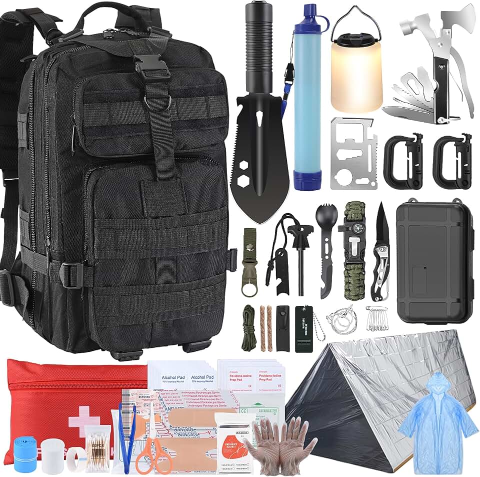 Survival Kit, Survival Gear and Equipment 258 PCS with Water Filter, Emergency Tent, LED Lantern, First Aid Kit Supplies, 25L Backpack for Family, Outdoor Camping, Hiking Gifts for Men Christmas