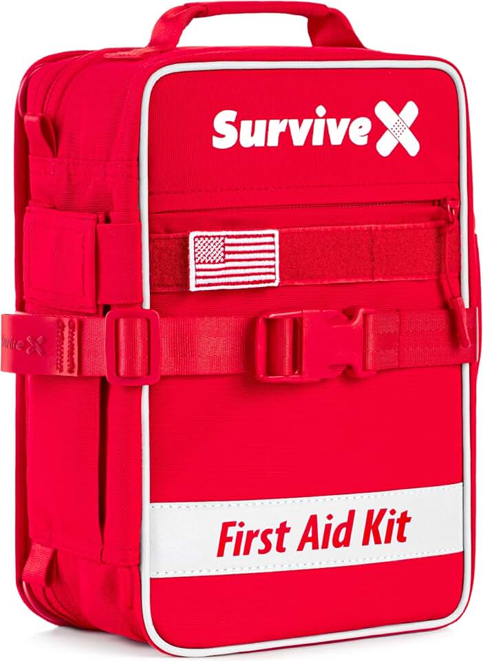 SurviveX Large First Aid Kit, Emergency Kit for 3-4 People | Labeled Pockets, Zip Stitch Wound Closures, Mountable, Quick Access, For Home, Car, Camping