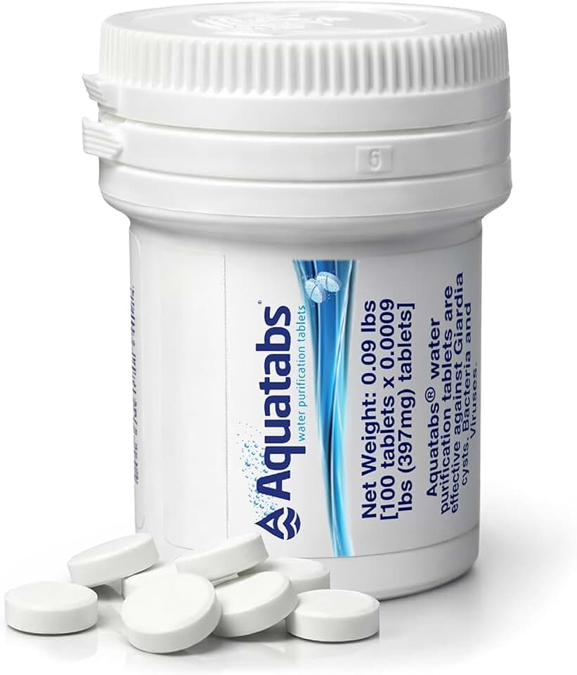 Aquatabs Water Purification Tablets, 397mg 100 Pack, Camping &amp; Emergency | Water Filtration System for Boating, Marine, Survival Kit. Easy-to-use purifier treatment for safe drinking water