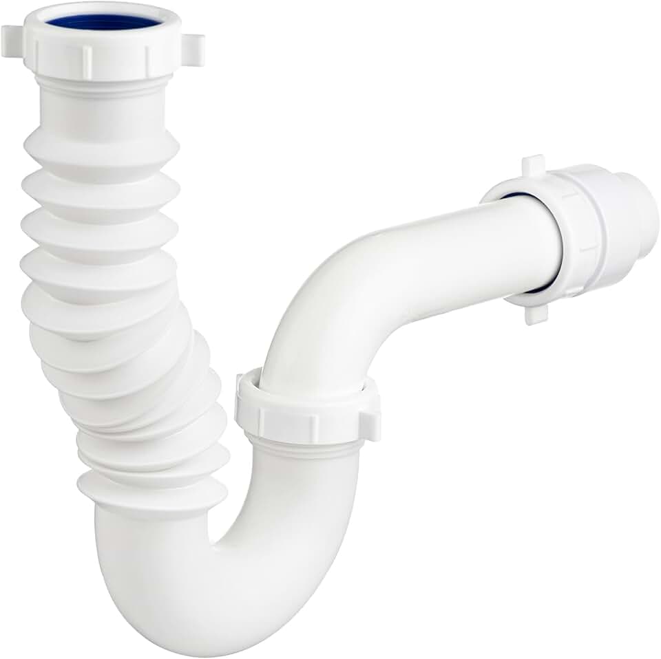 (1 Pack) Yariwiz White P Trap 1 1/2 Inch for Bathroom and Kitchen Sink Drain Pipe Tubular Kit with Adjustable J-bend, White Threaded Adapter and Blue TPE Washer KSD-004W