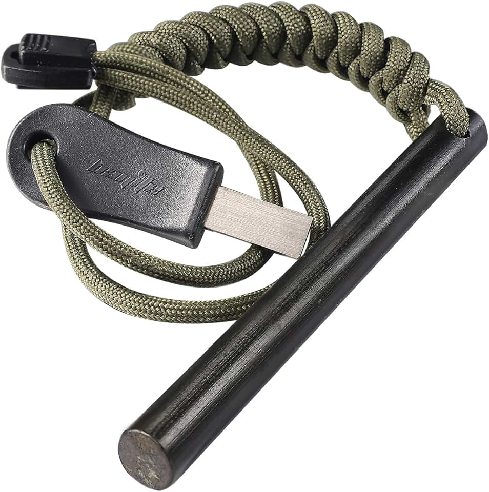 4" Survival Ferro Rod Drilled Flint Fire Starter and Striker Kit | Ferrocerium Rod with Paracord Landyard Handle and Striker, 4"(Long) x 3/8"(Diameter)