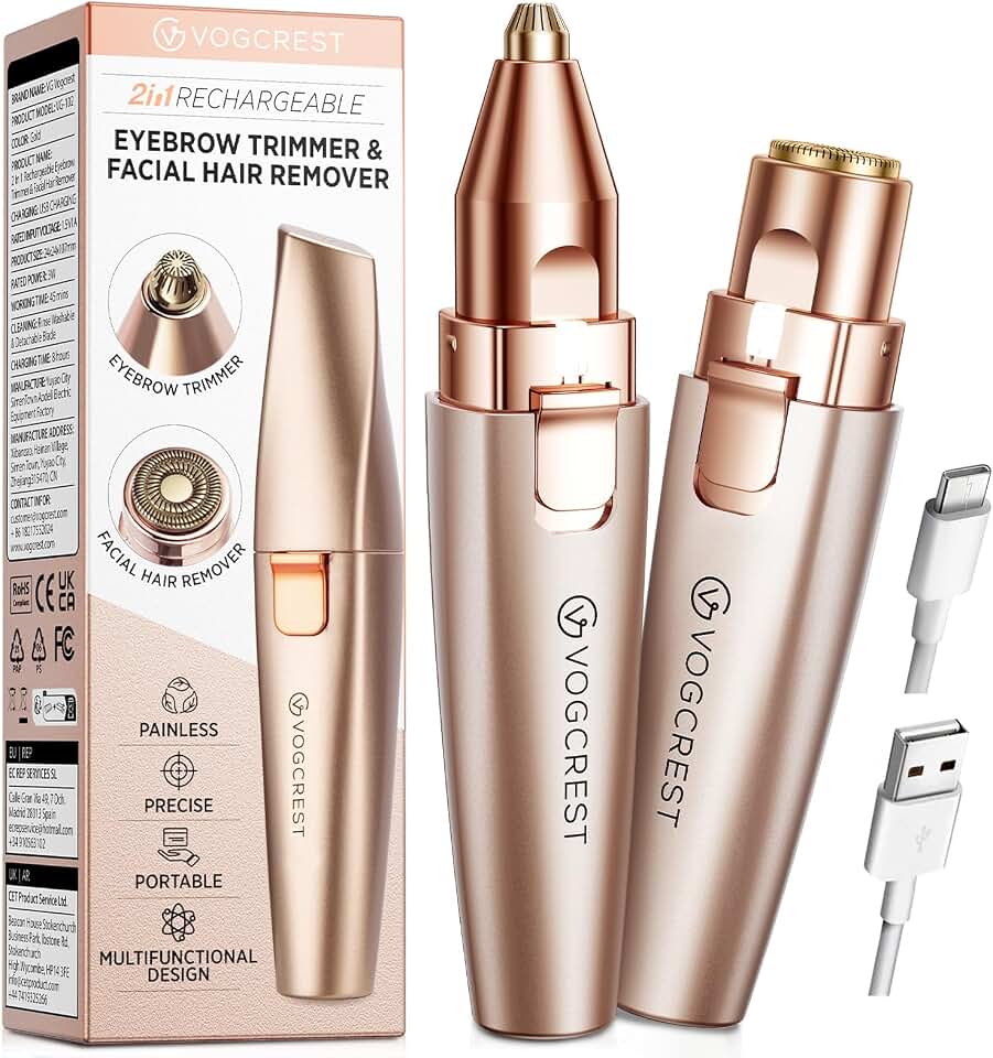 VG VOGCREST Eyebrow &amp; Facial Trimmer: 2 in1 Rechargeable Facial Hair Removal &amp; Eyebrow Shaver - Body Razor with Built-in LED Light (Rose Gold) Global Recycled Standard