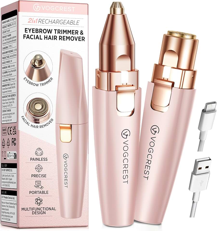 VG VOGCREST Eyebrow Facial Trimmer: 2 in1 Rechargeable Facial Hair Removal and Eyebrow Shaver - Face Lips Body Painless Facial Razor with Built-in LED Light (Pink) Global Recycled Standard