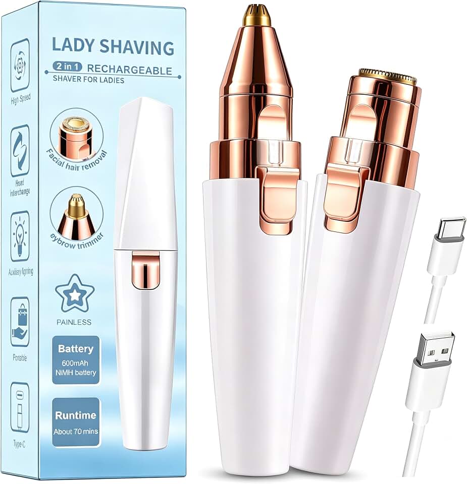 Facial Hair Removal for Women,2 in 1 Electric Hair Removal Device for Chin Upper Lip Peach Fuzz &amp; Rechargeable Eyebrow Trimmer with LED Light for Precise Shaping