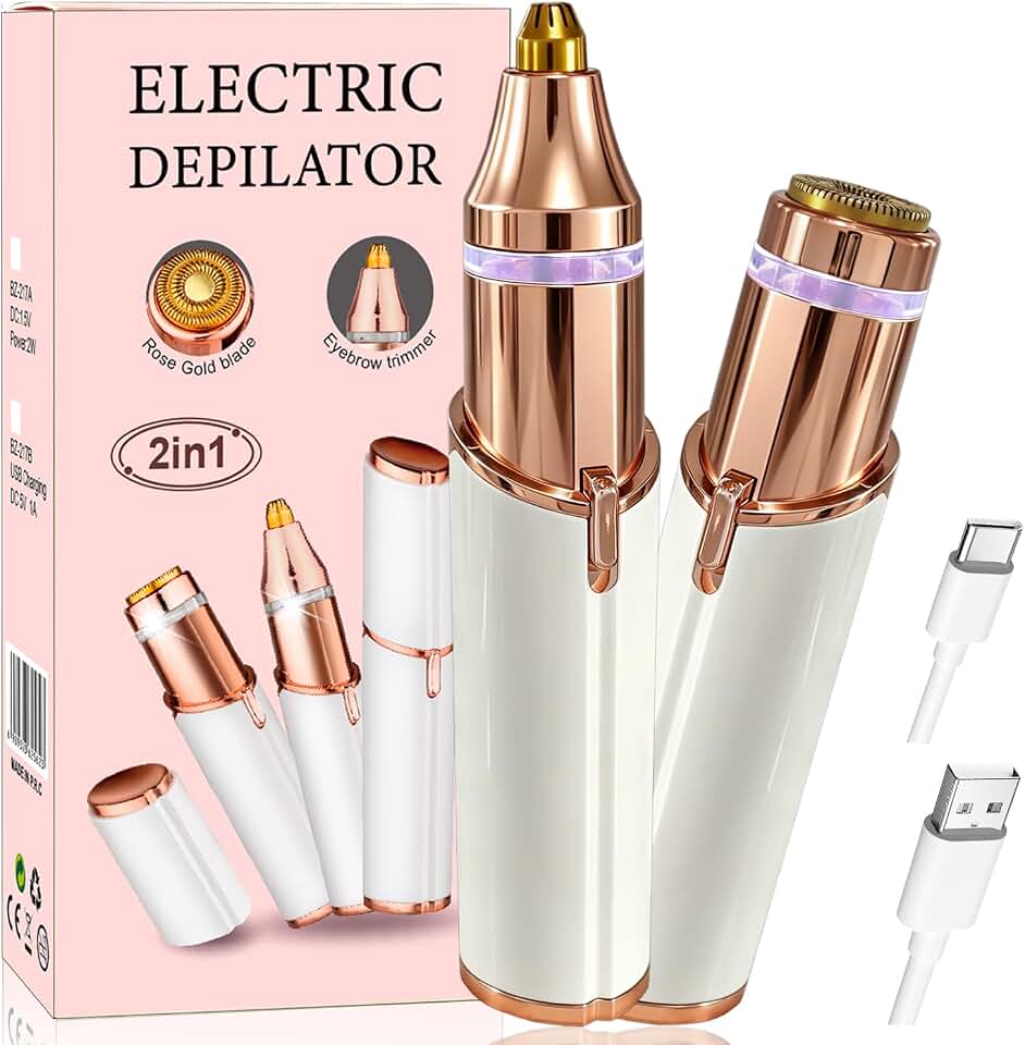 Facial Hair Removal for Women,2 in 1 Electric Hair Removal Device for Chin Upper Lip Peach Fuzz &amp; Rechargeable Eyebrow Trimmer with LED Light for Precise Shaping