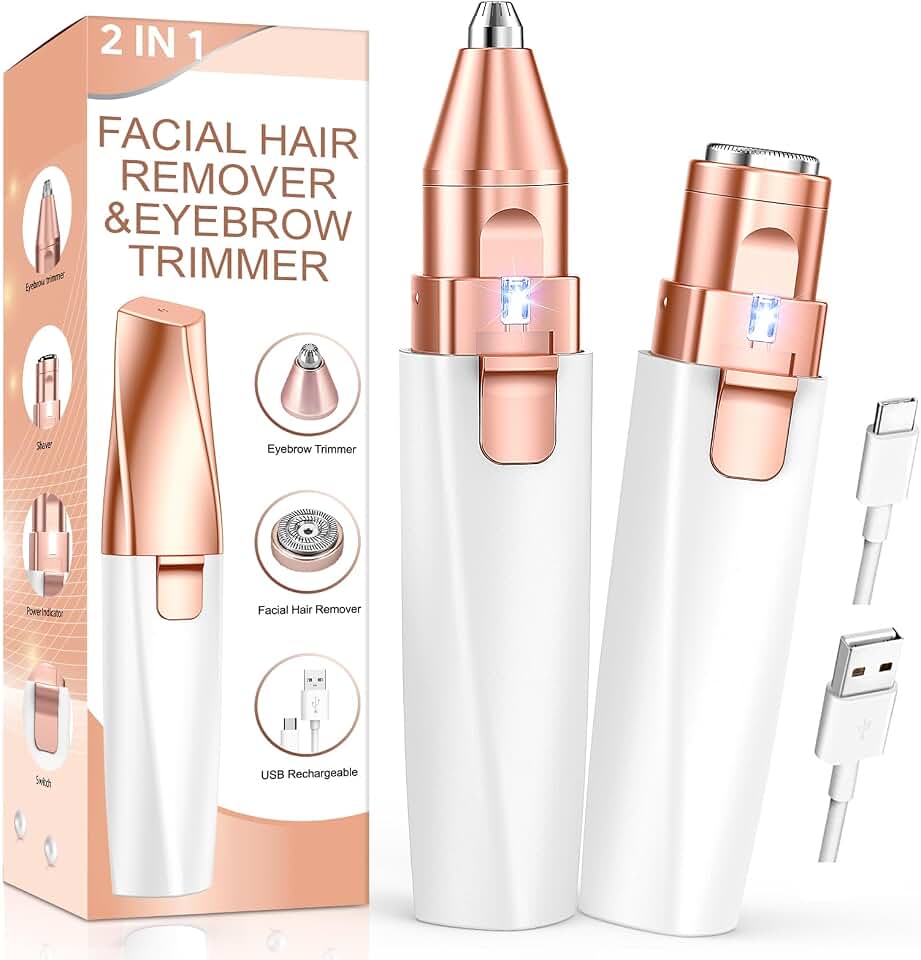 Eyebrow Trimmer Facial Hair Removal for Women: 2 in 1 Rechargeable Face Shaver with LED Light, Painless Electric Eyebrow Razor for Eyebrows, Upper Lip, Chin, Peach Fuzz &amp; Fine Facial Hair