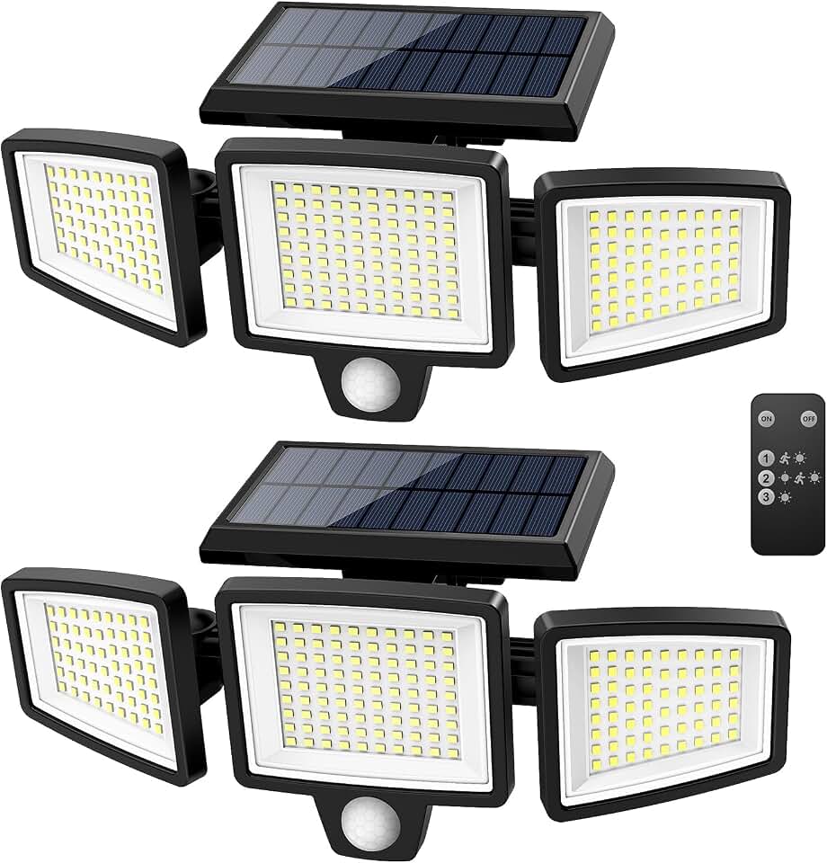 Tuffenough Solar Outdoor Lights 2500LM 210 LED Security Lights with Remote Control,3 Heads Motion Sensor Lights, IP65 Waterproof,270° Wide Angle Flood Wall Lights with 3 Modes(2 Packs) Global Recycled Standard