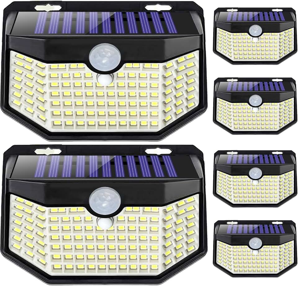 HMCITY 120 LED Outdoor Solar Lights with Motion Sensor and 3 Lighting Modes, IP65 Waterproof Wide Solar Wall Lights Ideal for Garden Patio Yard (Front Button 6Packs, Black Shell-Daylight White) Global Recycled Standard