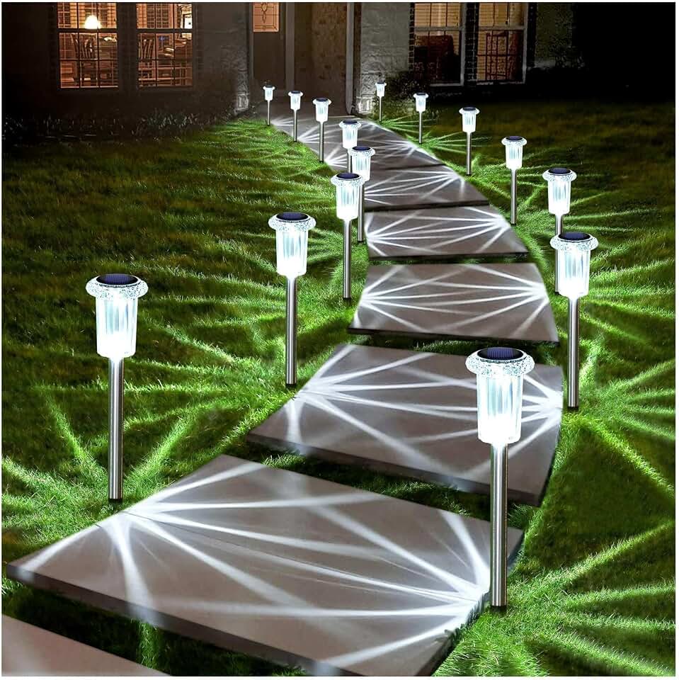 DenicMic Solar Lights Outdoor Waterproof 10 Pack Pathway Lights Cool White | Stake Lights for Yard Garden Driveway Walkway Outside Landscape Path Lights, Auto On/Off 6000K LED, Stainless Steel Pole Recycled Claim Standard 100