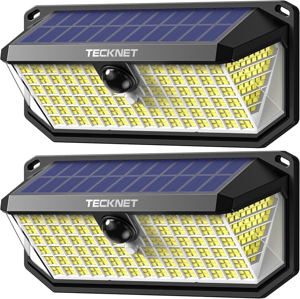 TECKNET 416 LED Solar Lights Outdoor Motion Sensor Waterproof 4200lm,2 Pack | IP66 Waterproof, 300° Wide Angle &amp; 3 Modes Motion Sensor Solar Flood Wall Lights for Patio, Fence, Deck, Garage &amp; Street Global Recycled Standard