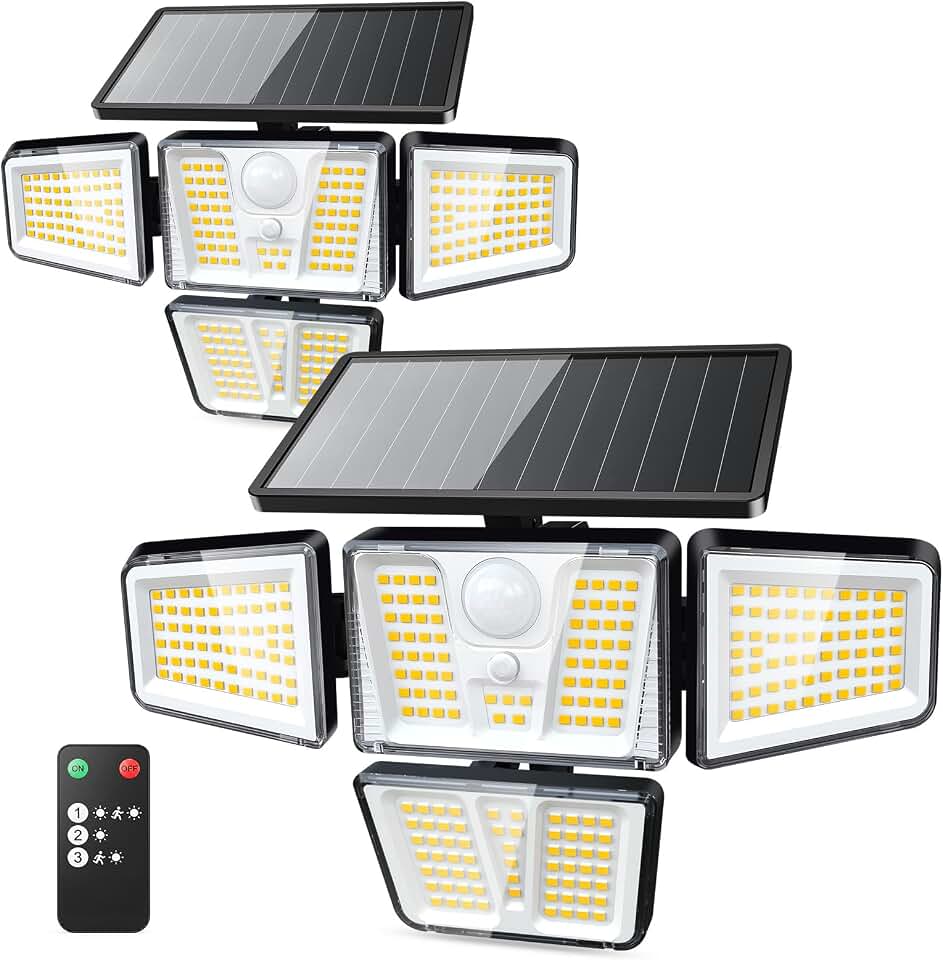Solar Flood Lights, 3600LM 270° Motion Sensor Outdoor Lights-Remote | 4 Heads 3 Modes Solar Lights Outdoor, Glass Panel, IP65 Waterproof Outdoor Security Lights for Yard Patio Garage- 2Pack Black