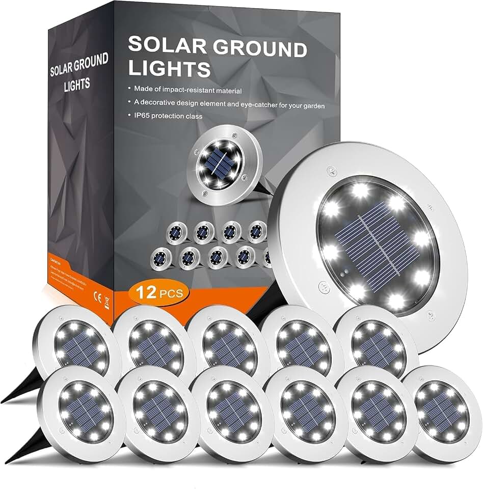 INCX Solar Lights Outdoor Waterproof, Cold White, 12 Pack Ground Lights | Solar Powered Lights Outdoor Solar Disk Light Landscape Light for Deck Step Patio Yard Pathway Walkway Driveway Garden Global Recycled Standard