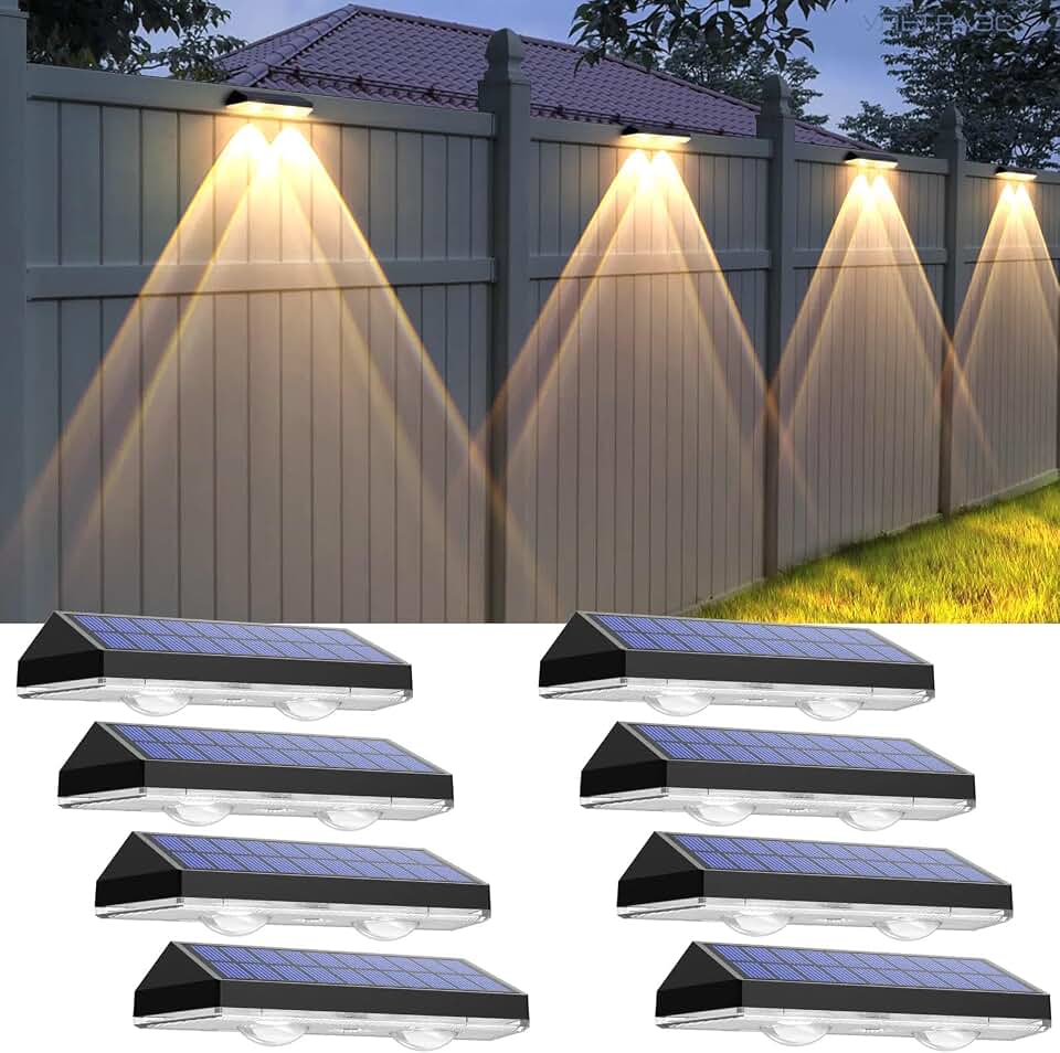 Solar Fence Lights Outdoor, 2700/4000/6000K 3 Mode, 8-12H, Black, 8 Pack | IP65 Waterproof, Fence Lights Solar Powered for Outside, Backyard, Railing, Step, Patio,Wall and Home Improvement Global Recycled Standard