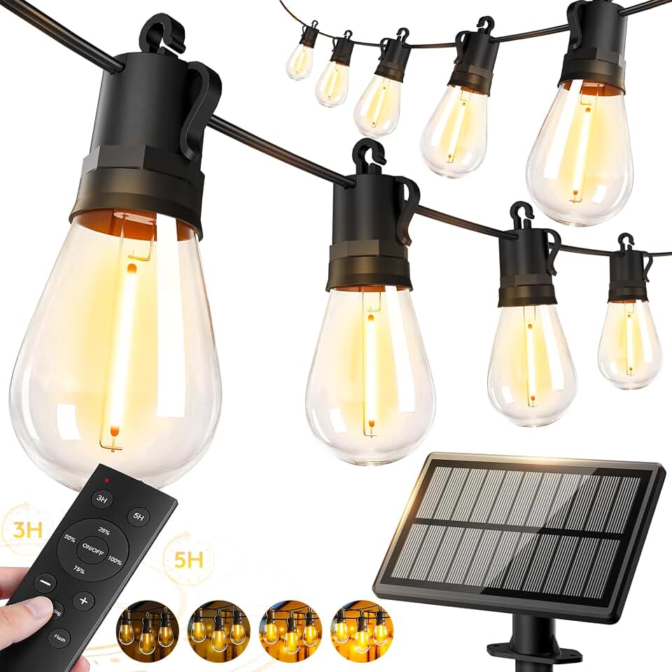 50ft Solar Powered Lights Outdoor - Waterproof String Light Outside Patio | Yard Garden Fence Backyard Deck Porch Balcony Patios Camping Battery Operated Lighting Hanging with LED Edison Bulbs S14