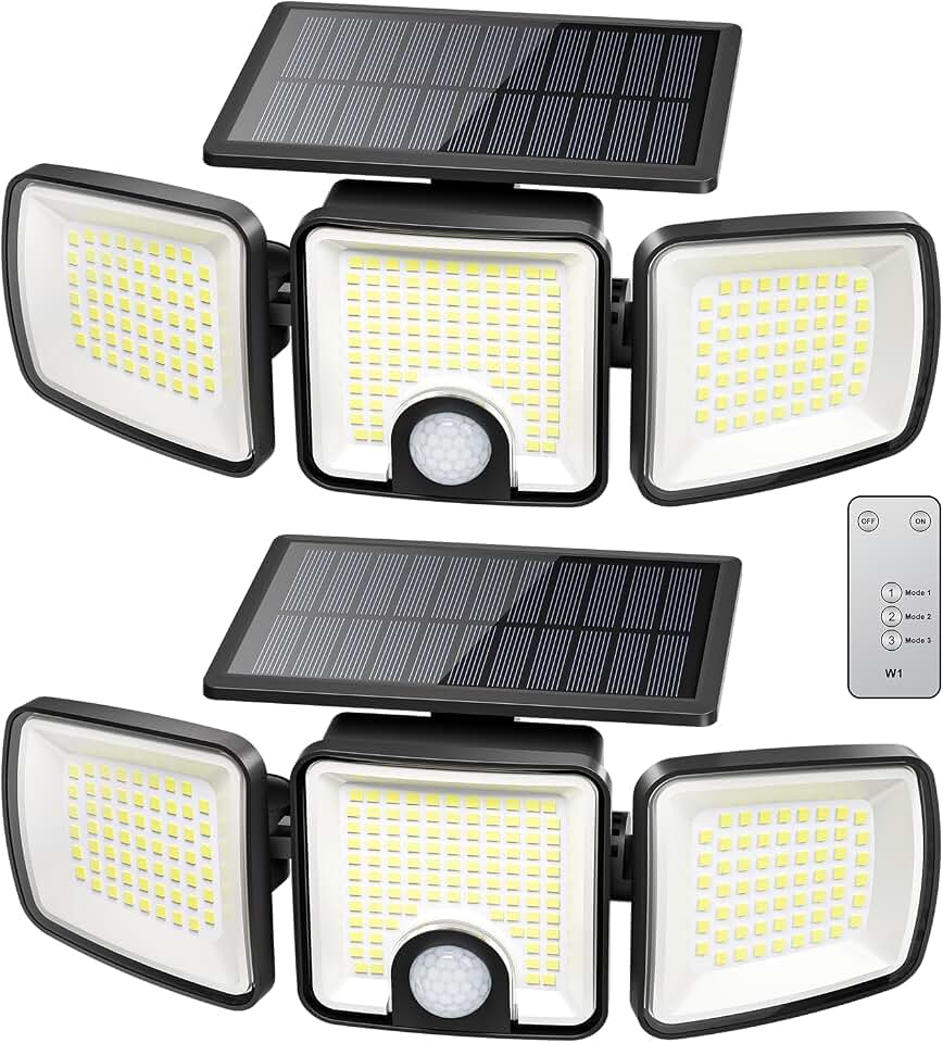 Brightown 2 Pack Solar Flood Outdoor Lights with Motion Sensor 3 Modes | 2500LM 223 LED Solar Outdoor Lights, 3 Head 270° Wide Angle Street Area IP65 Waterproof Security Wall Lights with Remote