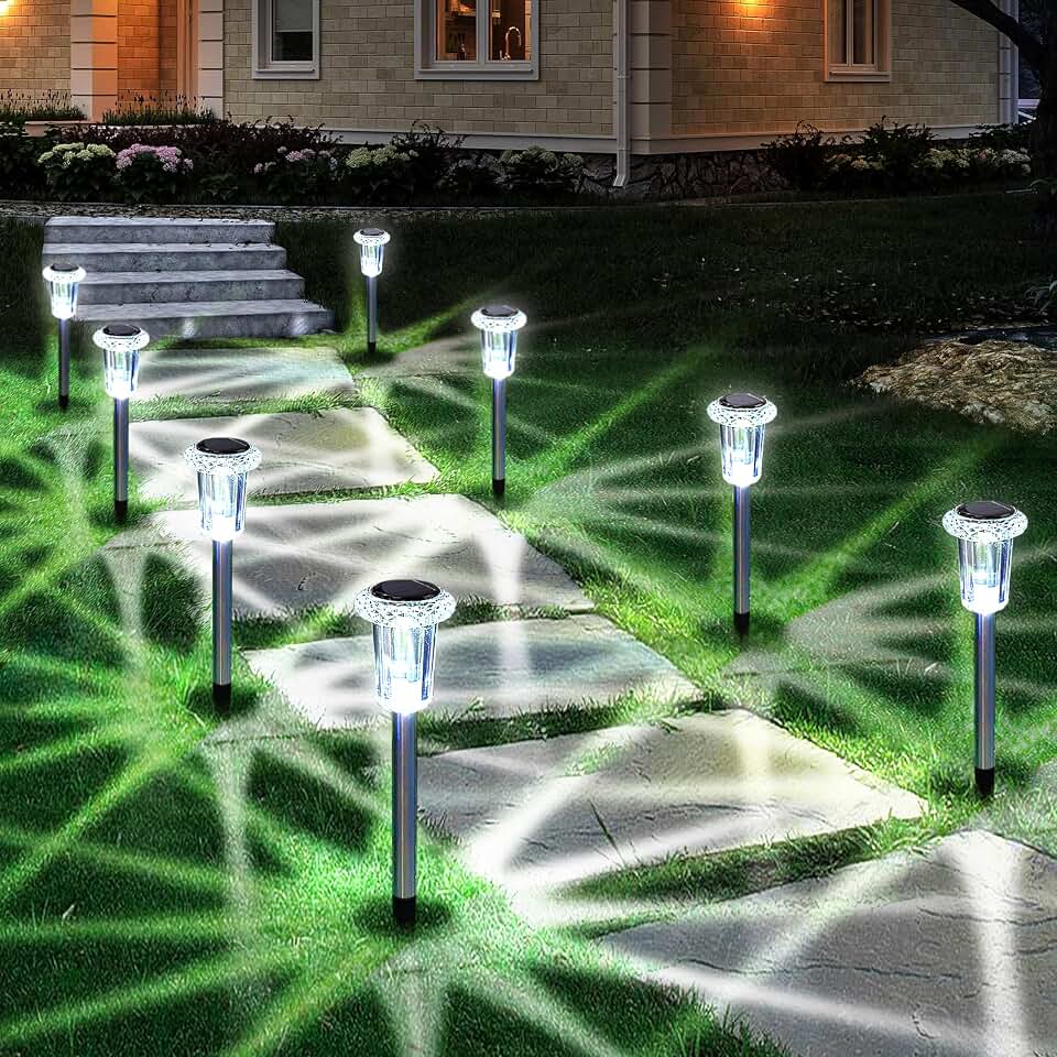 Eyrosa Solar Outdoor Lights, 10 Pack Waterproof Stainless Steel Solar Stake Lights for Pathway Garden Yard Path Walkway Driveway Lawn Patio Outside Decor, Cool White Global Recycled Standard