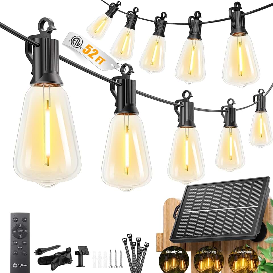 Brightown 52FT Solar String Lights Outdoor Waterproof, Up to 26Hrs Runtime | 15+1 LED Bulbs, USB &amp; Solar Powered, Remote Control &amp; Dimmable Timer, Ideal for Backyard, Garden, Camping &amp; Christmas Decor
