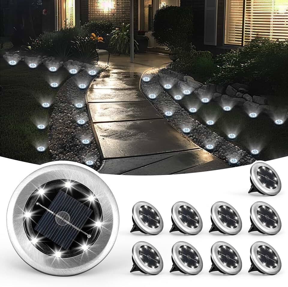 SOLPEX 10 Pack Small Solar Ground Lights, Pathway Lights Cool White | Stainless Steel Solar Powered Walkway Lights Waterproof, Landscape Lighting for Driveway, Garden, Backyard, Patio ClimatePartner certified