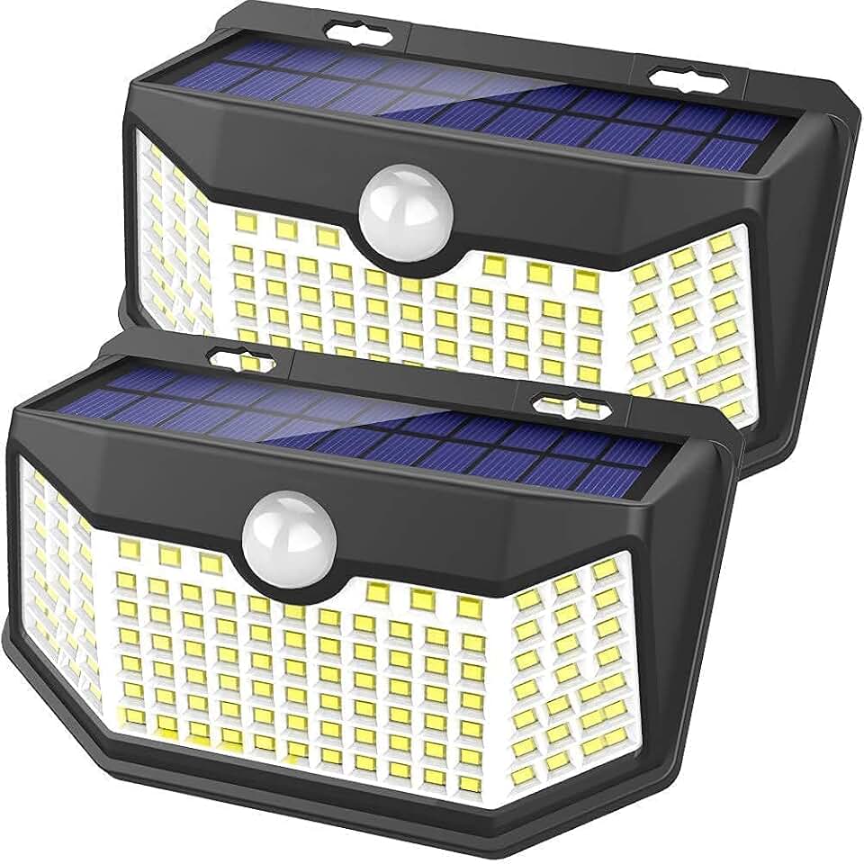 HMCITY Solar Lights Outdoor 120 LED with 3 Lighting Modes, Motion Sensor Wall Lights,IP65 Waterproof Solar Powered for Garden Patio Yard (Back Button 2Packs, Black Shell-Daylight White) Global Recycled Standard
