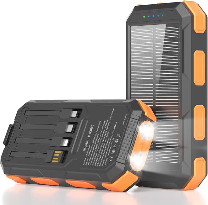 Solar Charger Power Bank 38800mAh, 22.5W USB-C Fast Charging Portable Charger with 4 Built-in Cables, External Battery Pack with Dual LED Emergency Flashlights for Camping, Hiking, Outdoor Use ClimatePartner certified