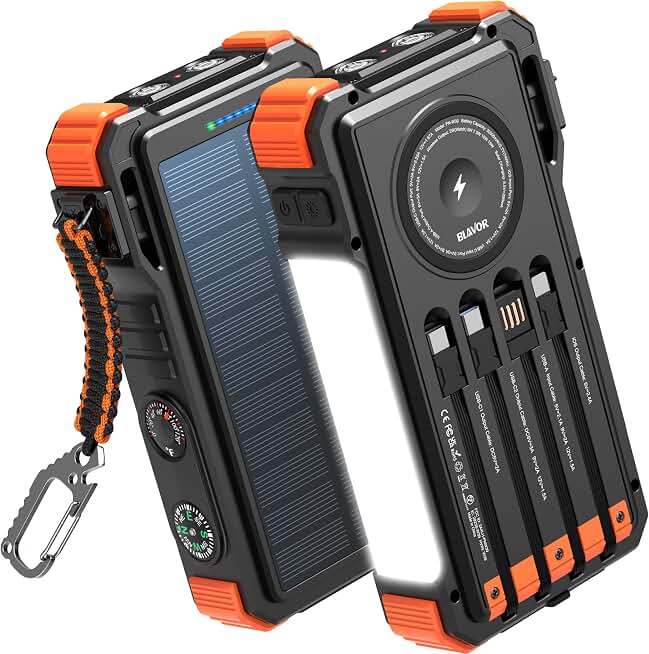 BLAVOR Solar Power Bank 20000mAh, Wireless Charger for Phones &amp; Apple Watch | Portable battery pack, 4 built-in cables, 20W USB-C fast charging, IPX5 waterproof, camping flashlight, outdoor emergencies Global Recycled Standard