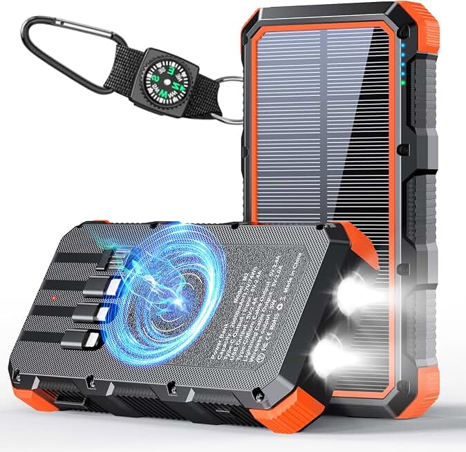 Solar Charger Power Bank 20000mAh Wireless Charger QC 3.0 Fast Charging Power Bank 8 Outputs 4 Inputs Solar Portable Charger Compatible with All Mobile Devices,SOS/Strobe/Strong Flashlights (orange)