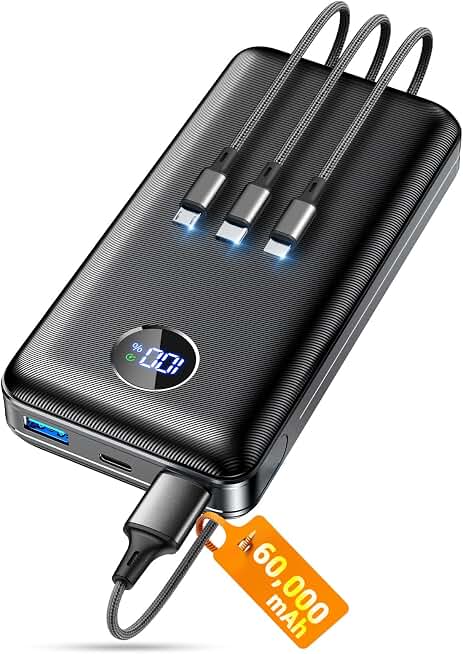 ZZI Portable Charger Power Bank 60000mAh, 22.5W PD Fast-Charge Battery Pack | Charge 5 Devices, 3-Ports &amp; 3 in 1 Cable, 60% in 30min, 10 times for iPhone, Fit All Cell Phone/Tablets,Camping/Travel/Outage