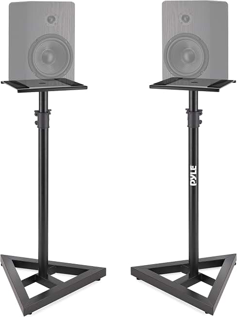 Pyle Speaker Stand Pair of Sound Play 1 and 3 Holder - Telescoping Height Adjustable from 26” - 52” Inch High Heavy Duty Three-point Triangle Base w/ Floor Spikes and 9” Square Platform, Black