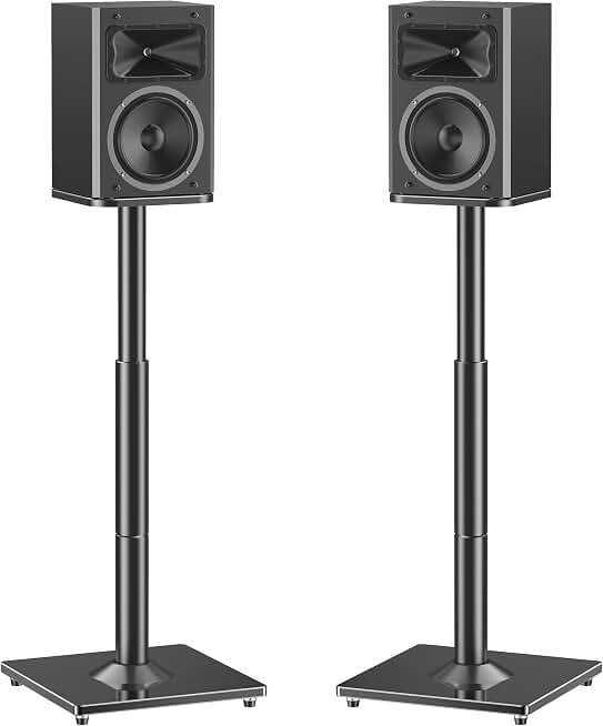 MOUNTUP Universal Speaker Stands Pair, 28.3" to 37.4" Height Adjustable Floor Speaker Stands, Holds Bookshelf &amp; Large Satellite Studio Speakers, Cable Concealing, 22LBS Capacity, 9.8" Plate, Black Global Recycled Standard