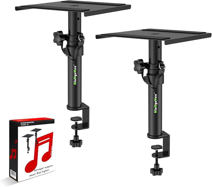 Pair of Desktop Speaker Stands 9"-14" Clamp Studio Monitor Stands | Height Adjustable, Clamp-on, Desk Mount Speaker Riser, Home Audio Recycled Claim Standard 100