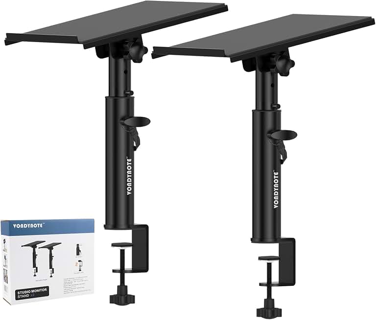 Vondynote Pair of Studio Monitor Stands Desk Clamp Speaker Stands 12°Tilt | Heavy Duty, 10.4"-15.4" Height Adjustable, for Monitor Speakers Laptop Projector CD Player Recycled Claim Standard 100