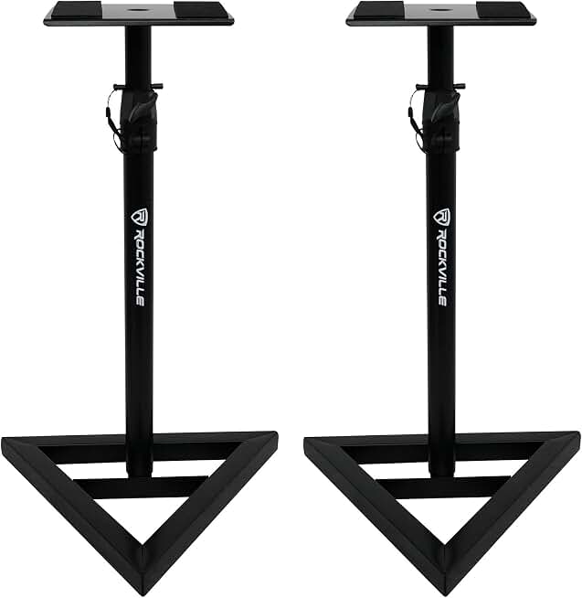 Rockville RVSM1 Black Pair Adjustable Height Studio Monitor Speaker Stands | 33"-45" Height Range, 80 lb Capacity, EVA Isolation Pads, Steel Construction, Security Pin Lock