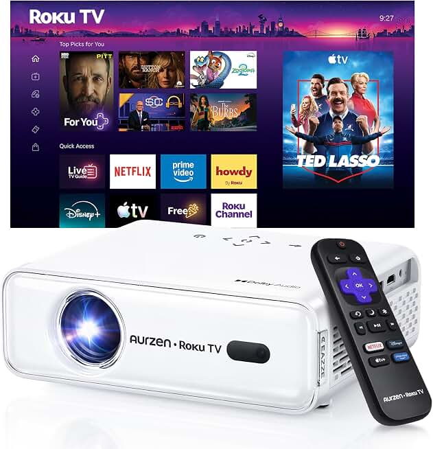 Aurzen Roku TV D1R Smart Portable Outdoor Projector with WiFi and Bluetooth | Roku TV Built-in, All Top Apps, 1080P FHD, DoIby Audio, Auto Focus &amp; Keystone, Zoom, Mini Projector for Home &amp; Outdoor Movies