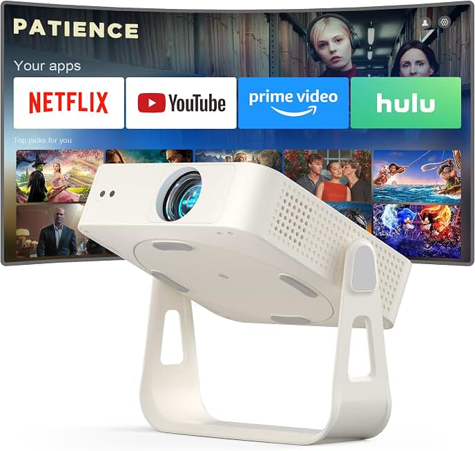 [Officially-Licensed App &amp; Auto Focus]White Smart Mini Projector with WiFi and Bluetooth, XuanPad 4K Support Movie Projector, Portable Native 1080P Outdoor Projector with 360° Stand