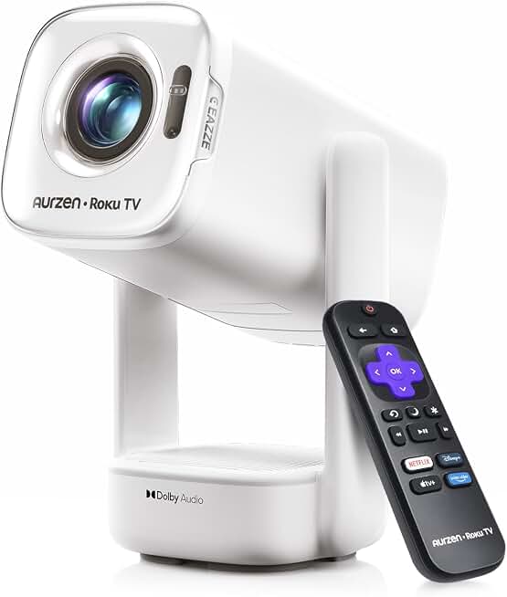 Aurzen Roku TV D1R air USB-C Powered Smart Portable Outdoor Projector White | Roku TV Built-in, WiFi &amp; Bluetooth, Power Bank Supported, Native 1080P, DoIby Audio, Mini Projector for Home &amp; Outdoor Movies