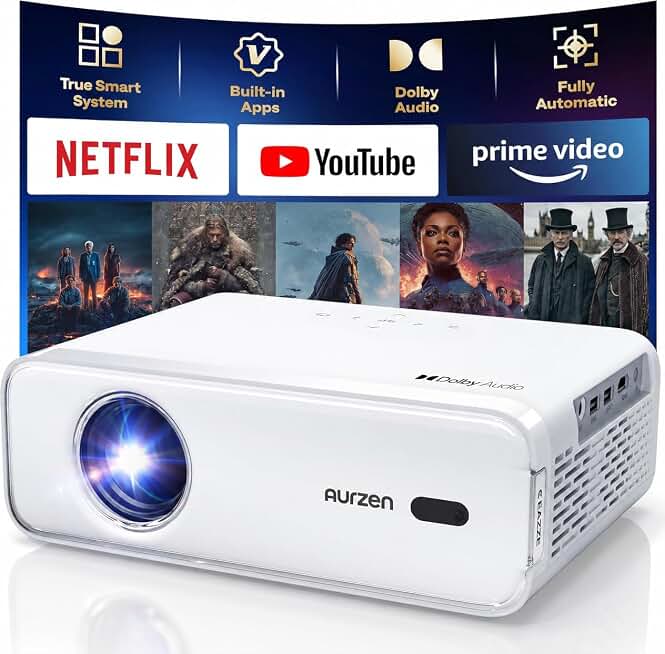 Aurzen EAZZE D1 Smart Portable Outdoor Projector with WiFi and Bluetooth | Built-in APP, Native 1080P, HDR10, Auto Focus/Keystone, DoIby Audio 16W Speakers, Mini Projector for Home &amp; Outdoor Movie Use