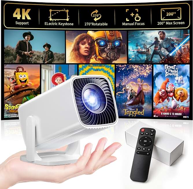 Mini Projector 4K Support, Portable Projector Full HD 1080P Support | Short Throw, 270° Rotation, Outdoor&amp;Indoor, Ceiling Projection, Smartphone, TV Stick, Laptop, HDMI, USB, PS5 Compatible