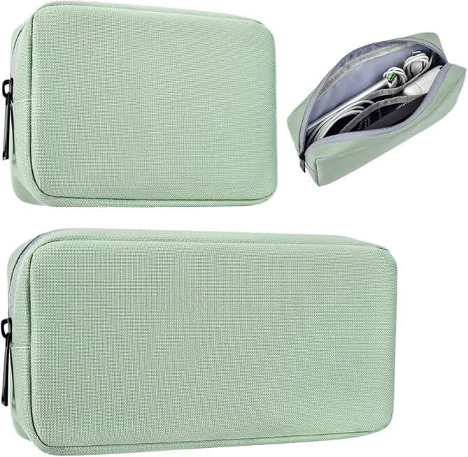 imComor Universal Electronics Accessories Case Bag, 2-Pack Portable Soft Carrying Case Bag Pouch Wire Cable Organizer for Hard Drive, Power Adapter, Laptop Mouse, Cosmetics Kit, Small+Big-Mint Green