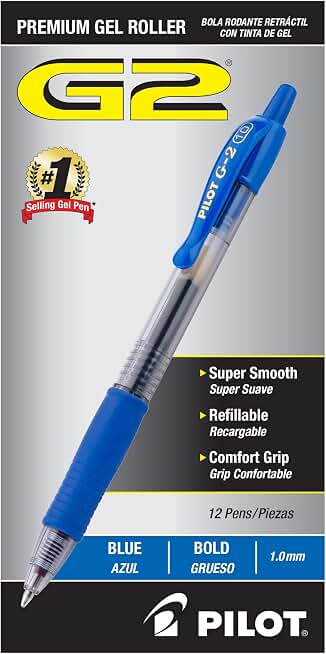 PILOT G2 Premium Gel Roller Pens, Blue Ink Pens Bold Point, Pack of 12