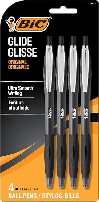 BIC Glide Black Retractable Ballpoint Pens, 1.0mm Medium Point, 4-Count | Ultra Smooth Writing Performance, Comfortable Rubber Grip Design, Convenient Refillable Style