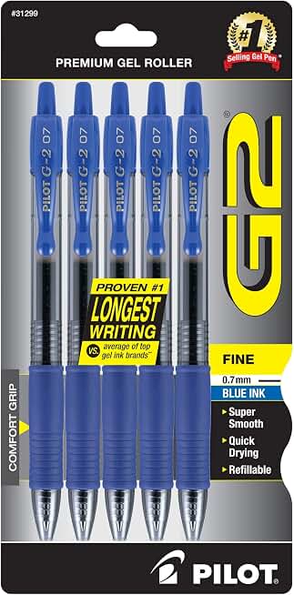 PILOT G2 Premium Gel Roller Pens, Blue Ink Pens Fine Point, Pack of 5