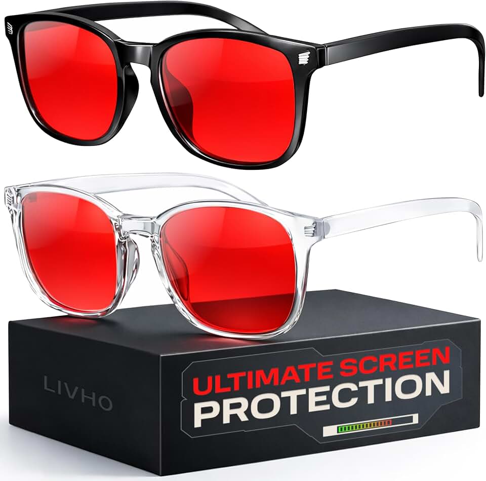 livho High Tech Blue Light Blocking Gaming Glasses - Red Lenses | Computer Glasses, Advanced Blue Light Blocking, Screen Fatigue Protection, UV Protection