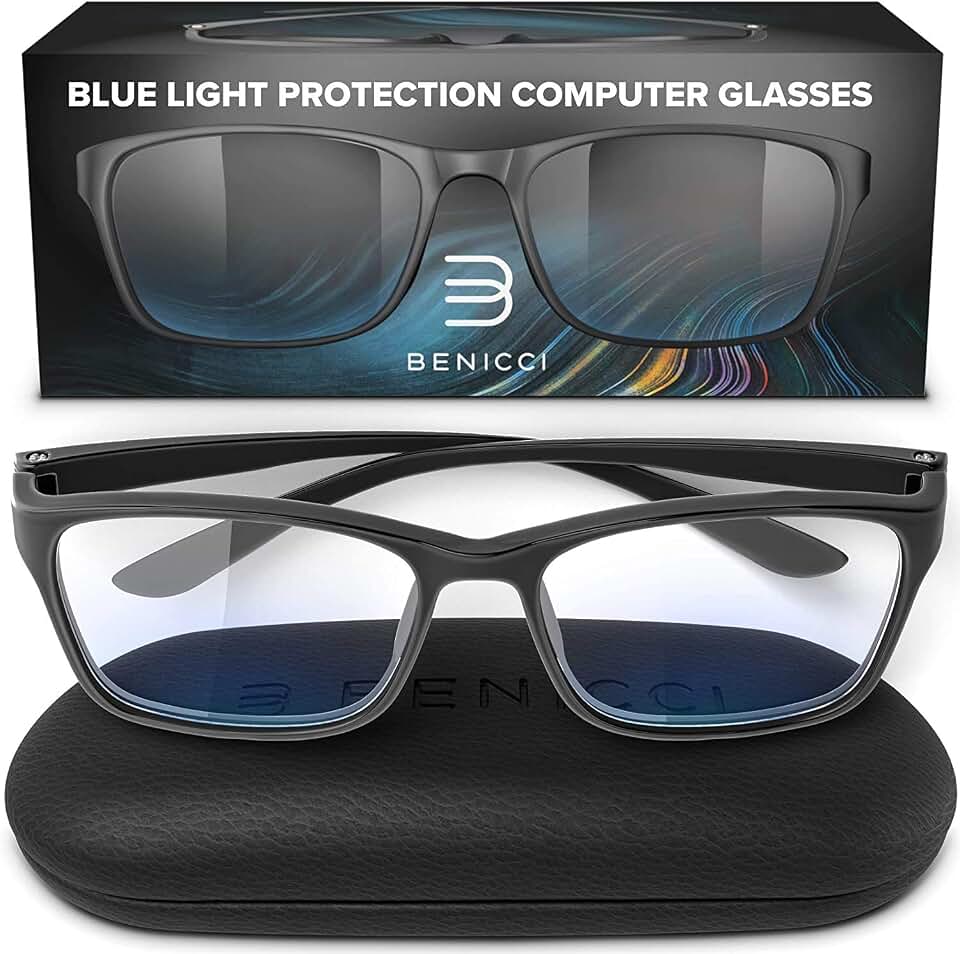 Benicci Stylish Blue Light Blocking Computer Glasses for Men and Women | Eases Digital Eye Strain and Headaches, Anti Glare Lens for Phone, Laptop and TV Screens, Gaming and Reading, with Case