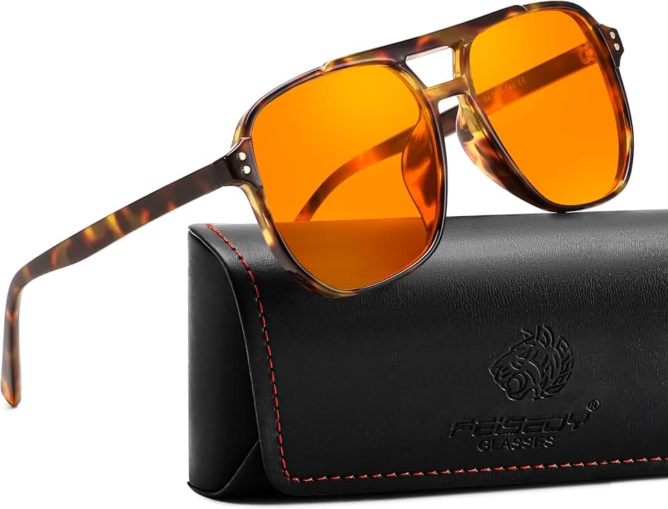 FEISEDY Blue Light Glasses for Computer Gaming Anti Eyestrain Glasses G2835 | Blue Light Blocking,Orange/Yellow/Red Lens,Anti Glare,Sleep Glasses,Daytime Use,Stylish Retro Eyewear Frame Global Recycled Standard
