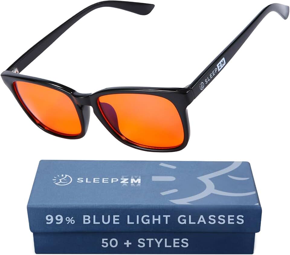 Sleep ZM Blue Light Blocking Glasses for Women + Men - Better Sleep + Anti Eye Strain Protection - Computer Screens &amp; Gaming - Black Wayfarer - 99% Night-time Amber Lens