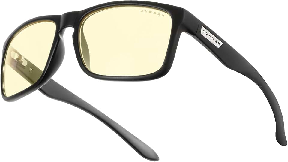 Gunnar Intercept Onyx Gaming Glasses Amber Lens | Amber tint lenses with onyx frames and microfiber pouch for gaming, computer use and eye protection