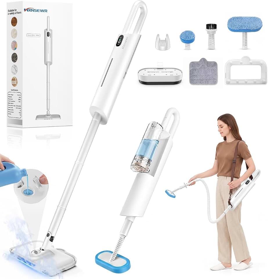 Mxnsewr Steam Mop 13-in-1Detachable Handheld Steam Cleaner for Home, White | 380ml Removable Filtering Water Tank, Straps, 2 Levels of Steam, Display Screen Steamer for for Hardwood,Cloths and Carpet