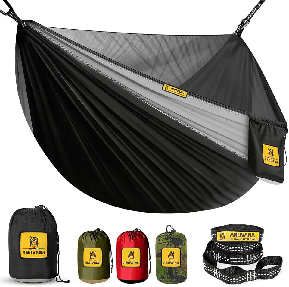 Camping Hammock with Mosquito Net, 500 lbs Portable Hammock with Tree Straps, 2-in-1 Double/Single Travel Hammock Tent for Outside/Indoor/Backpacking/Beach - Black &amp; Grey